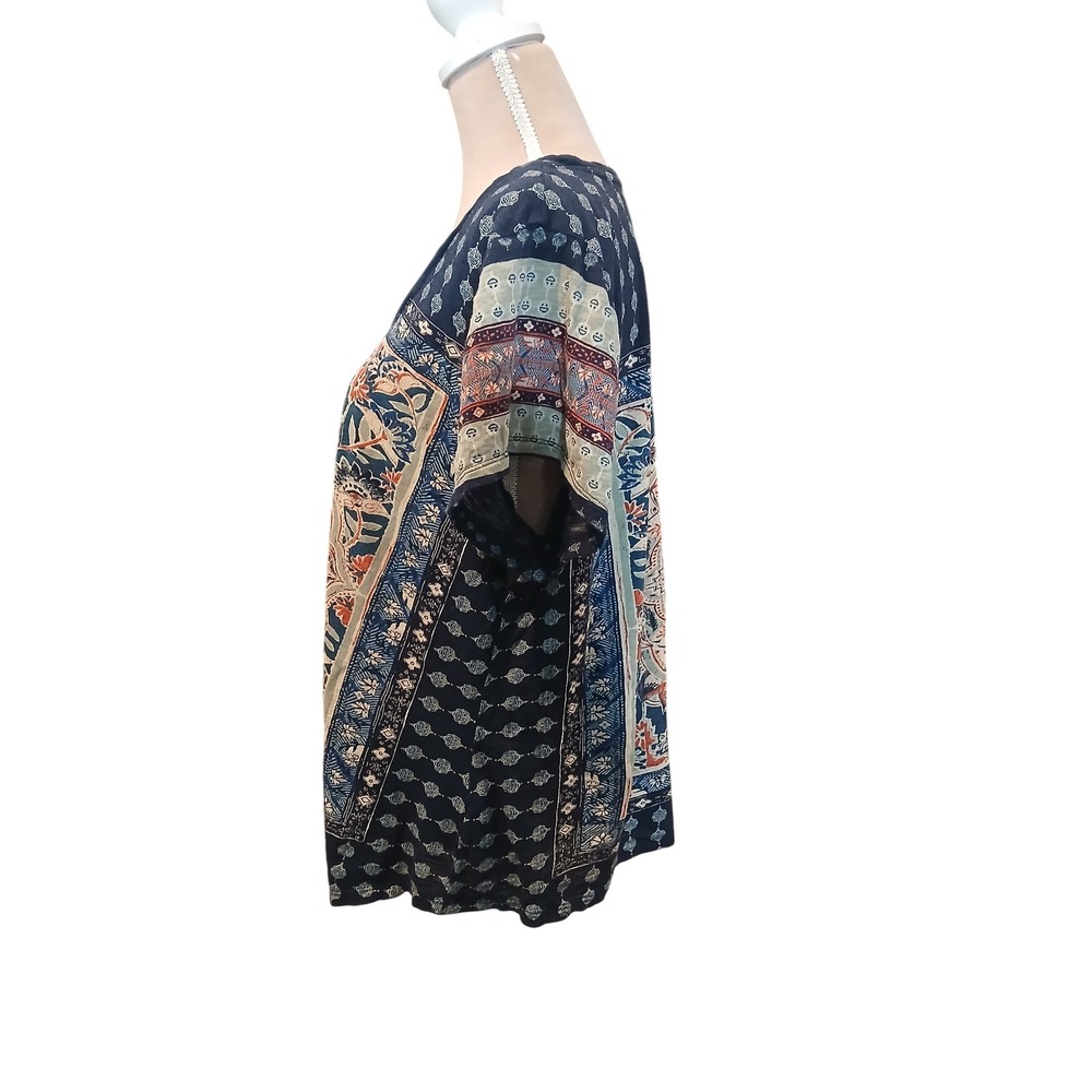 Lucky Brand Navy Blue Boho Medallion Print Short Sleeve Scoop Neck Top 2x Summer - Picture 4 of 9